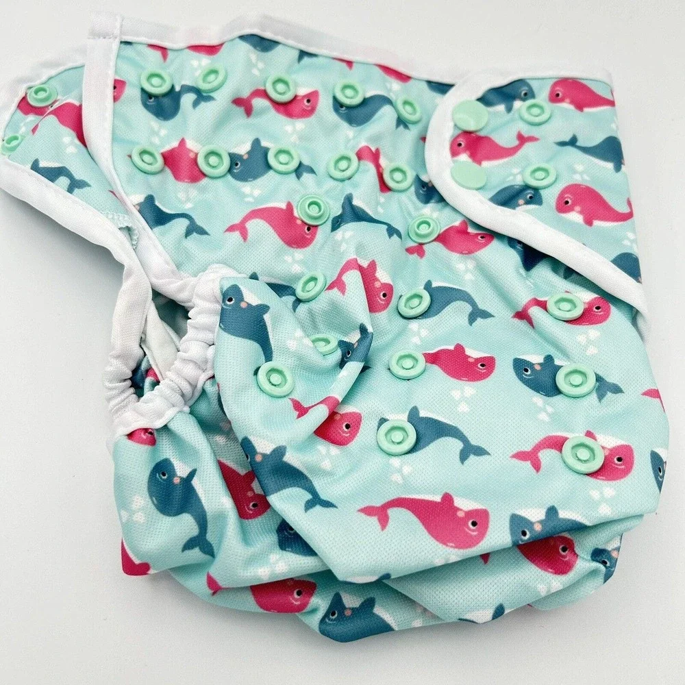 Baby Diaper Cover Adjustable Snap‎ Whales Print One Size